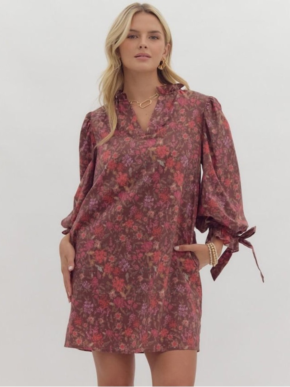 Entro Brown Floral Poplin Mini Dress with Ribbon Detail